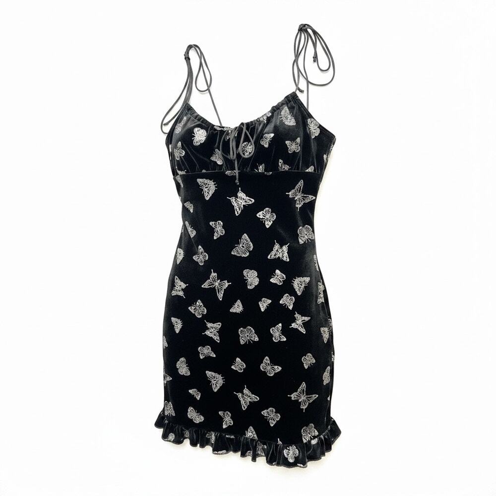 Motel Rocks Black Velvet Butterfly Glitter Mini Dress Y2K Tie Strap Ruffle Hem S